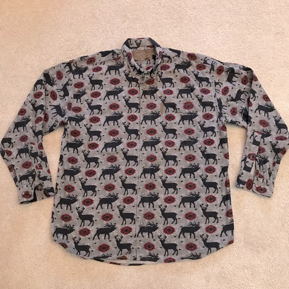 North River Mens Flannel Shirt Size L Grey Black Heavy Cotton Deer Buck